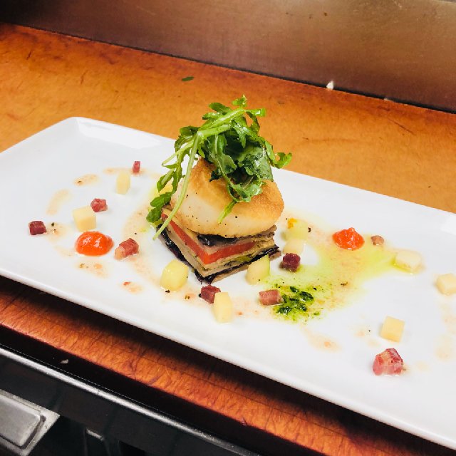 Seared scallop vegetable pave – created on the CHEF CHEF app for iOS